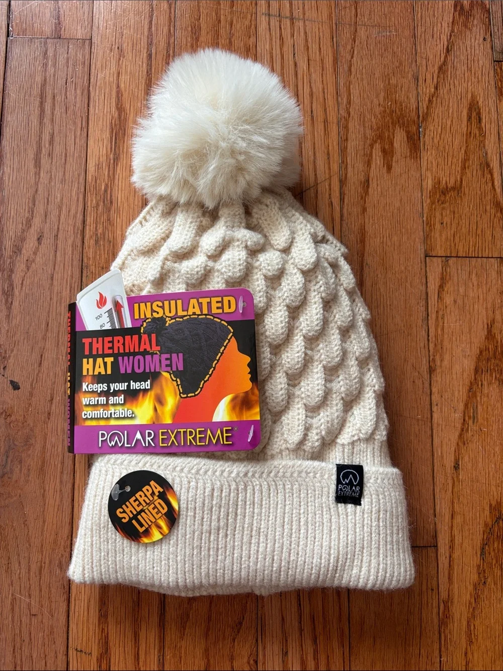 Insulated Thermal hat Cream Cable Knit Pom Beanie, Sherpa lined